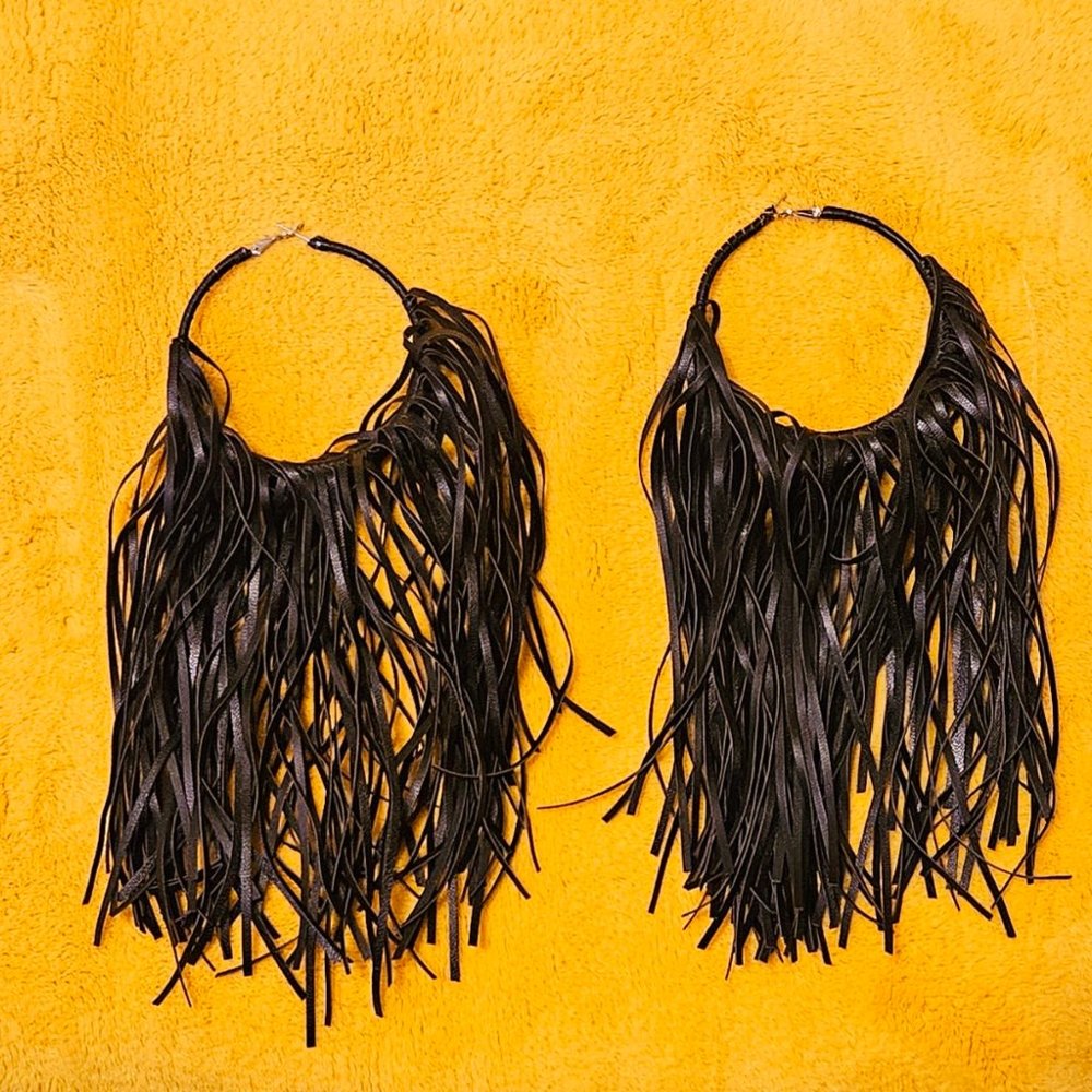 Black Sassy Jones Dina Genuine Leather Fringe Hoops